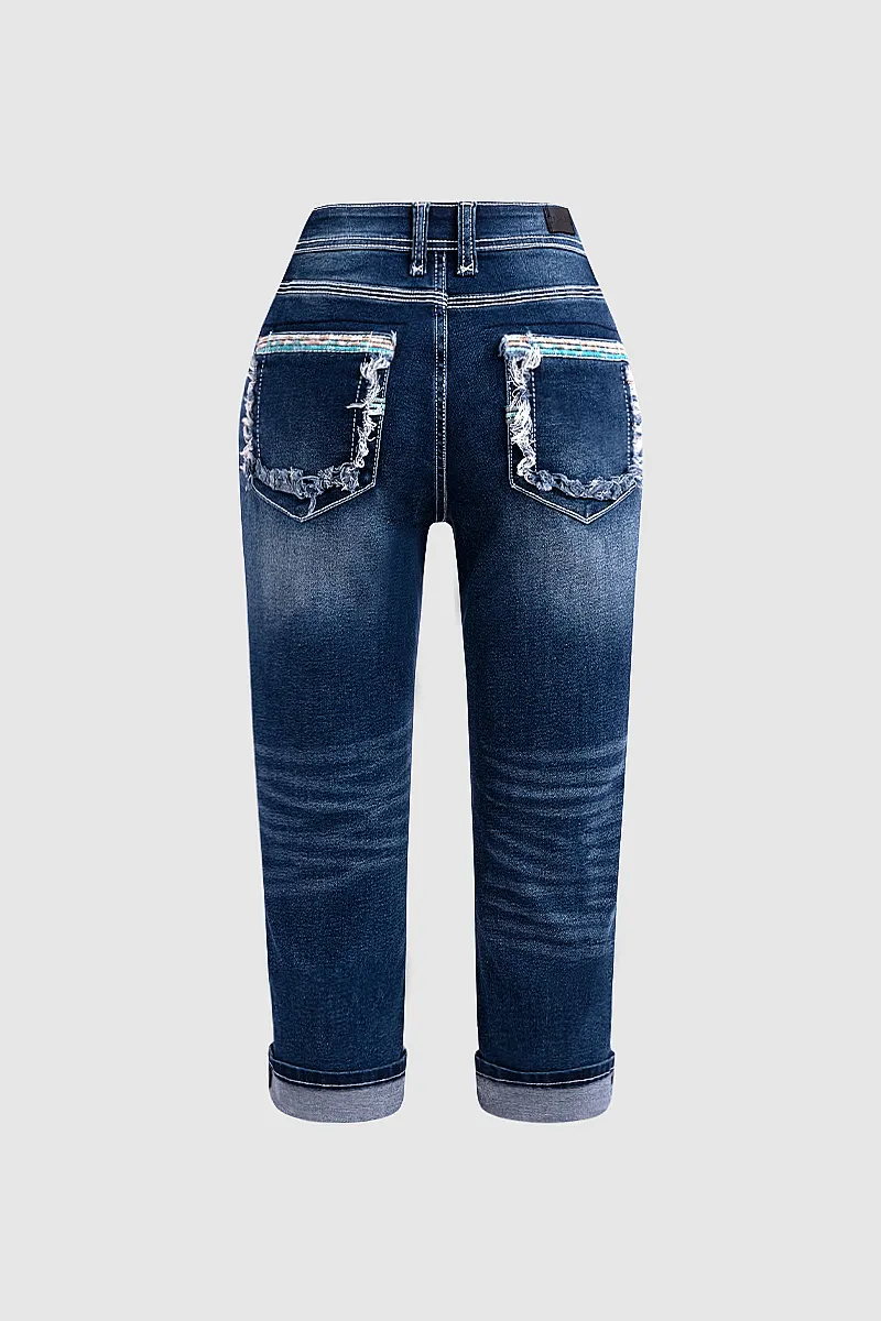 Ripped Roll Hem Wash Stretchy Low Waist Capri Jeans