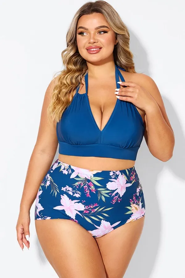 Black and Purple Printed Halter Sexy Bikini Set