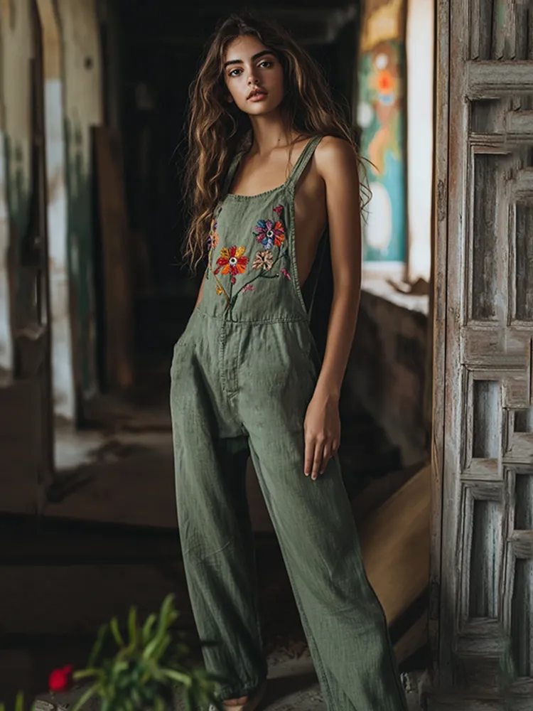Vintage Floral Embroidered Pattern Linen Blend Loose Casual Jumpsuit