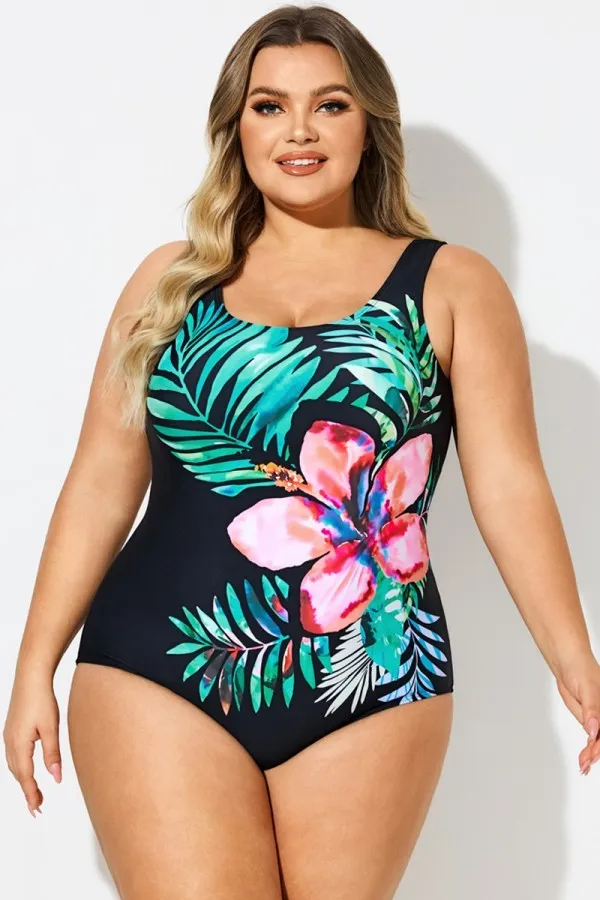 Plus Size Floral Print Sport One Piece Swimsuit