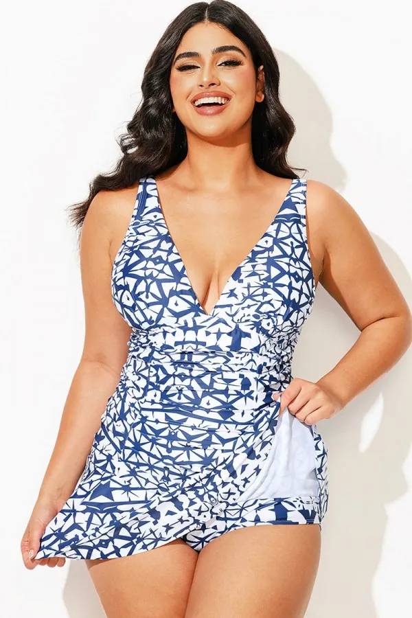Tie-Dye Shirred V-Neck Elegant Lady Swimdress