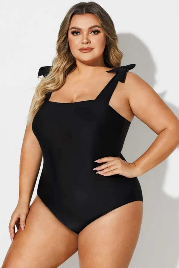 Black Square Adjustable Tie One Piece Swimsuit