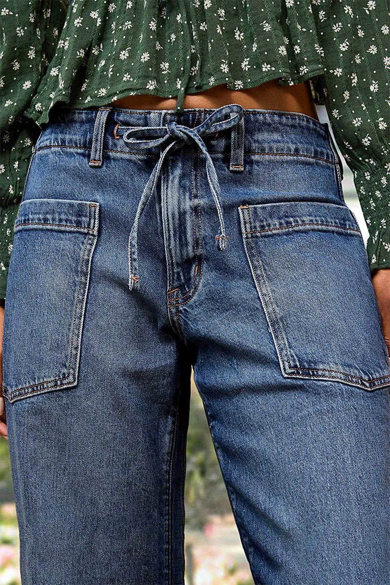 Drawstring Wash Stitch Detail Mid Waist Carrot Jeans