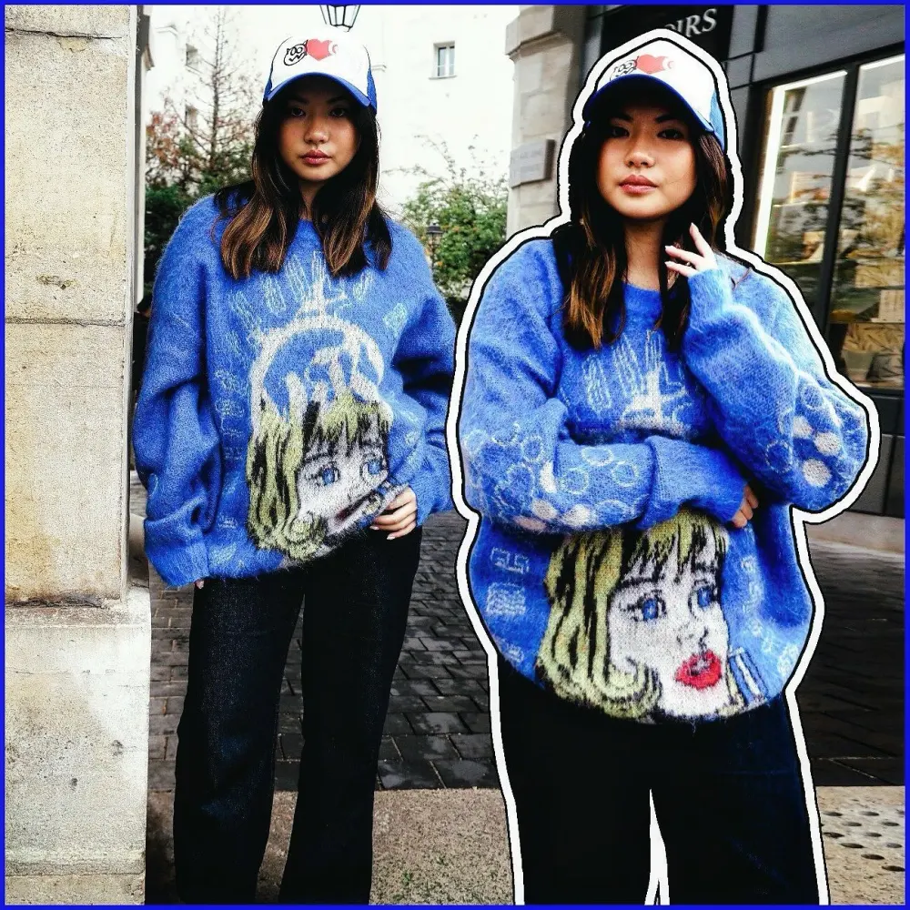Navy Sweater Renaissance Street Wear Fashion Printing Seasonal Trend Special Design