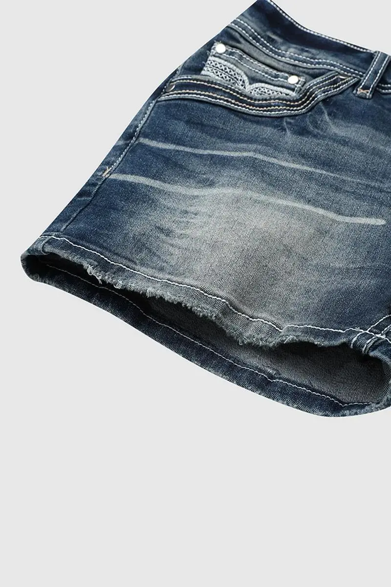 Wash Rhinestone Decor Flap Pocket Low Waist Denim Shorts