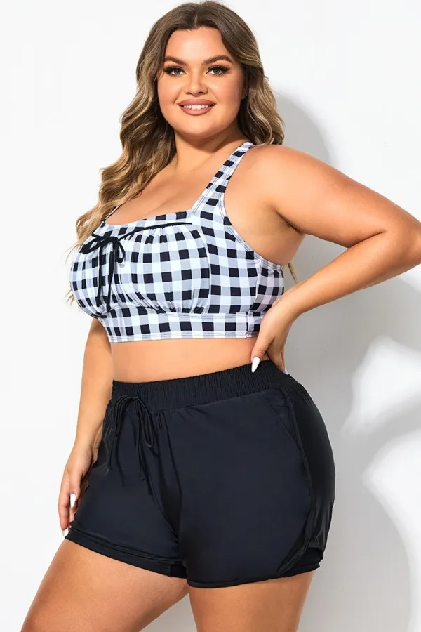 Retro Gingham Wireless Ruched Cups Crossback Bikini Top