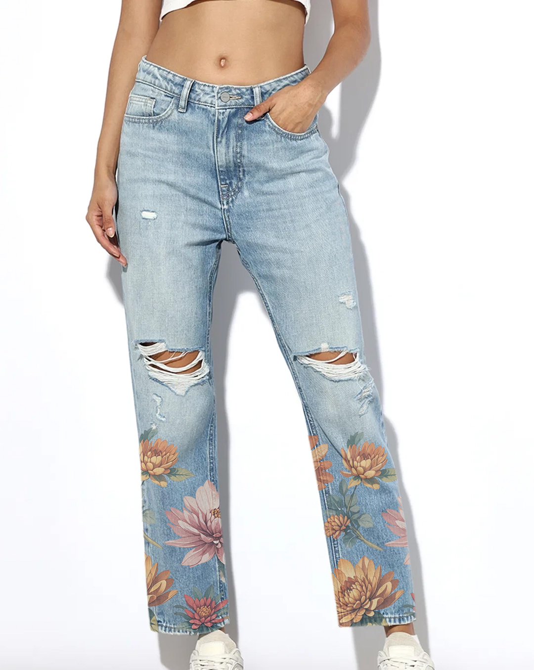 Light Blue Distressed Floral Print Jeans
