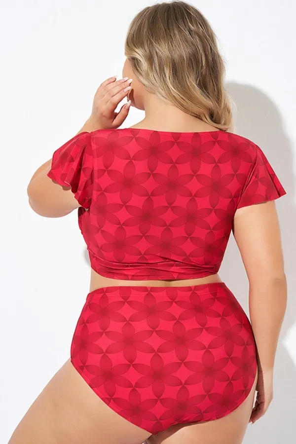 Red Geometric Interwoven Print Bikini Top