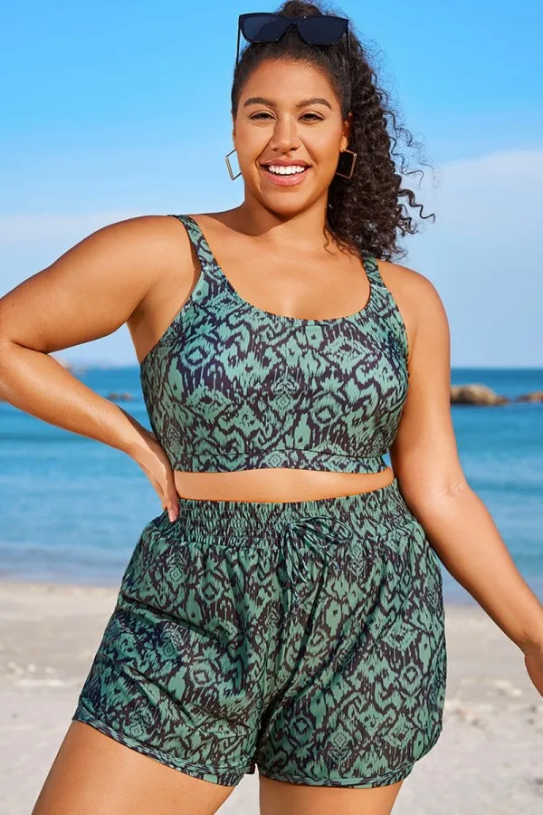 Green Ikat Print Wide Strap Women Bikini Top