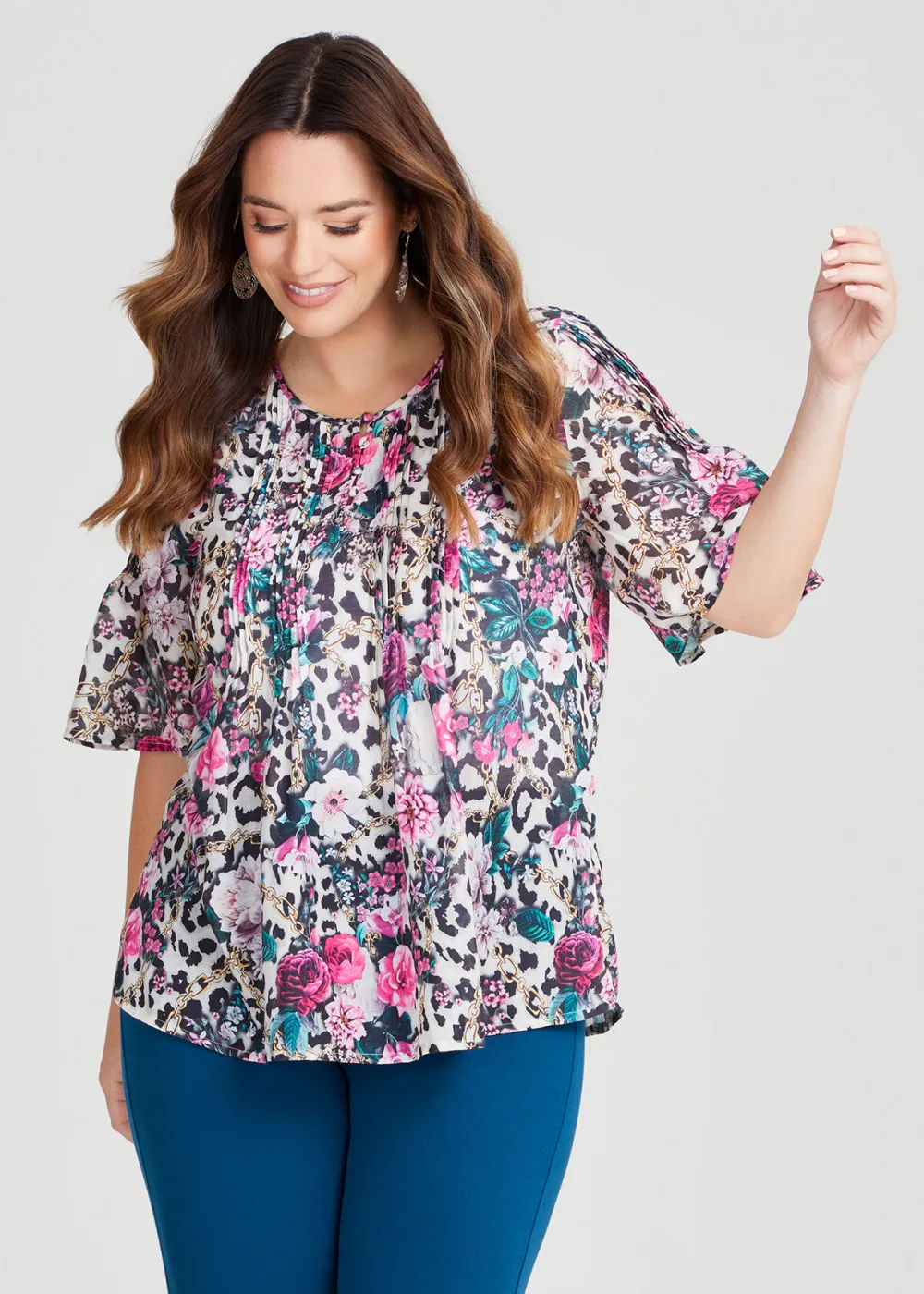 Animal Pintuck Floral Top
