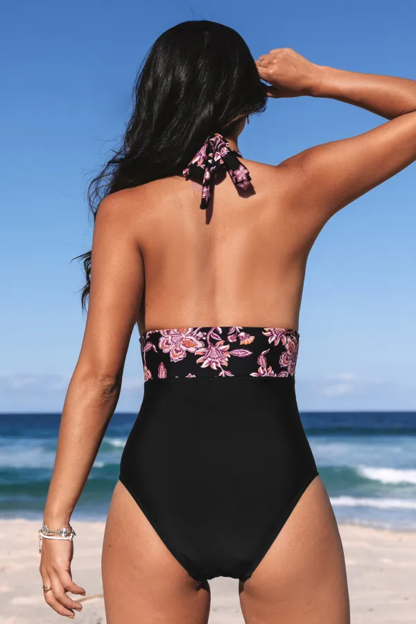 Retro Boho Plunging Halterneck Tummy Control One-Piece