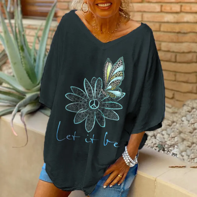 Oversized Let It Be Flowers Butterfly Printed Women Hippie T-shirt