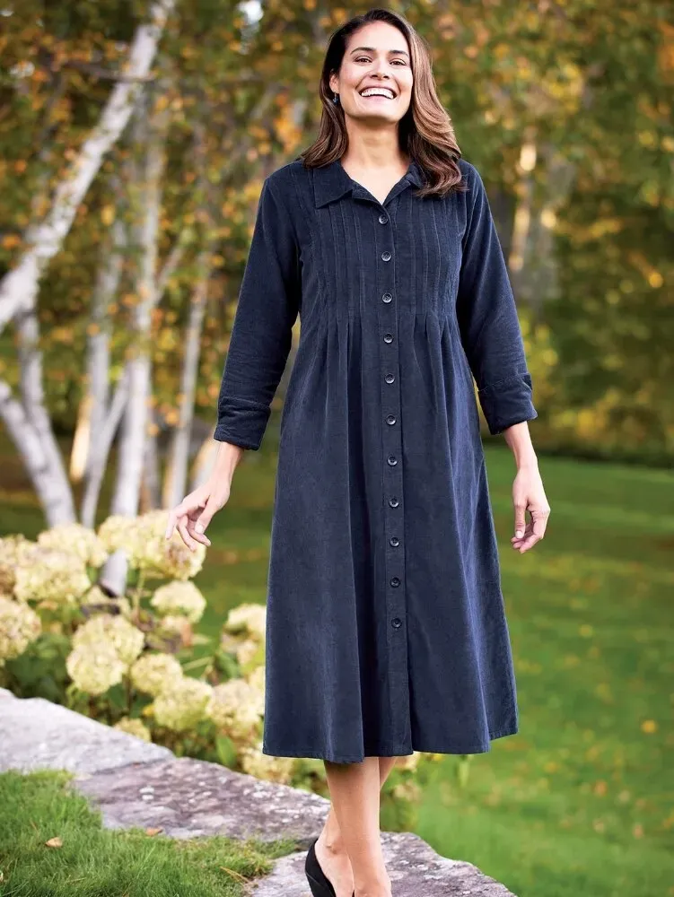Pintuck Cotton Corduroy Dress