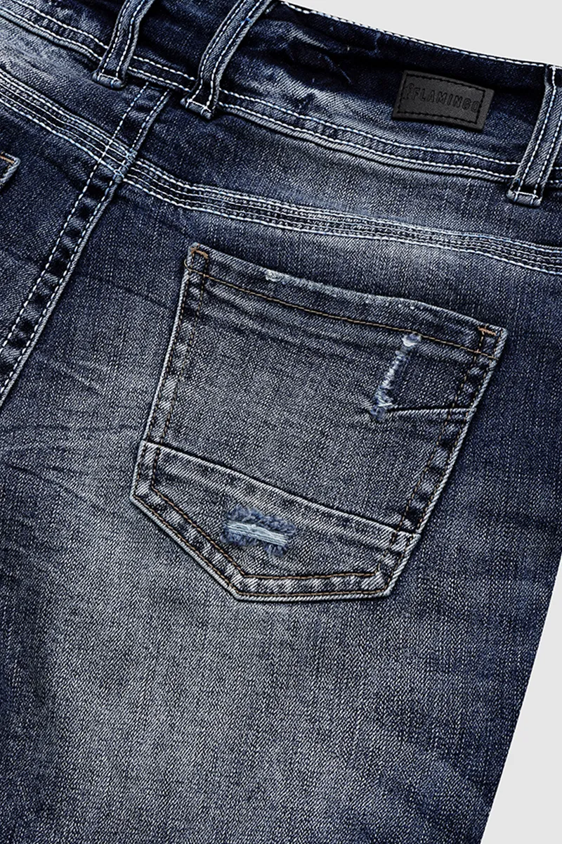 Double Button Ripped Roll Hem Mid Rise Denim Bermuda Shorts