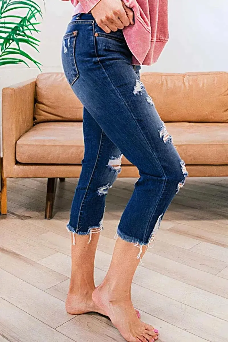 Button Up Ripped Raw Hem Mid Rise Capri Jeans