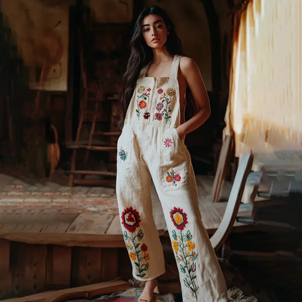 Vintage Floral Embroidered Art Linen Blend Loose Casual Jumpsuit