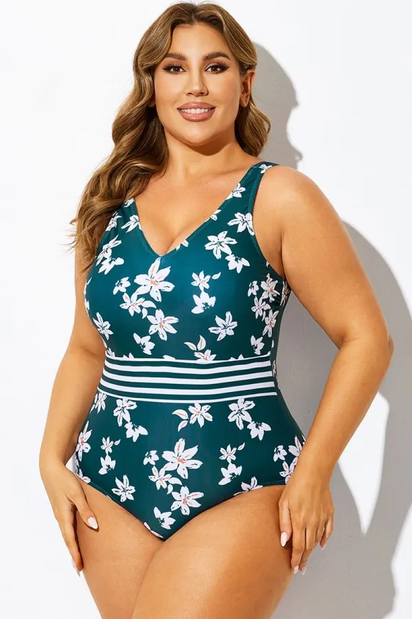 Floral Print V-Neck One Piece Swimsuit