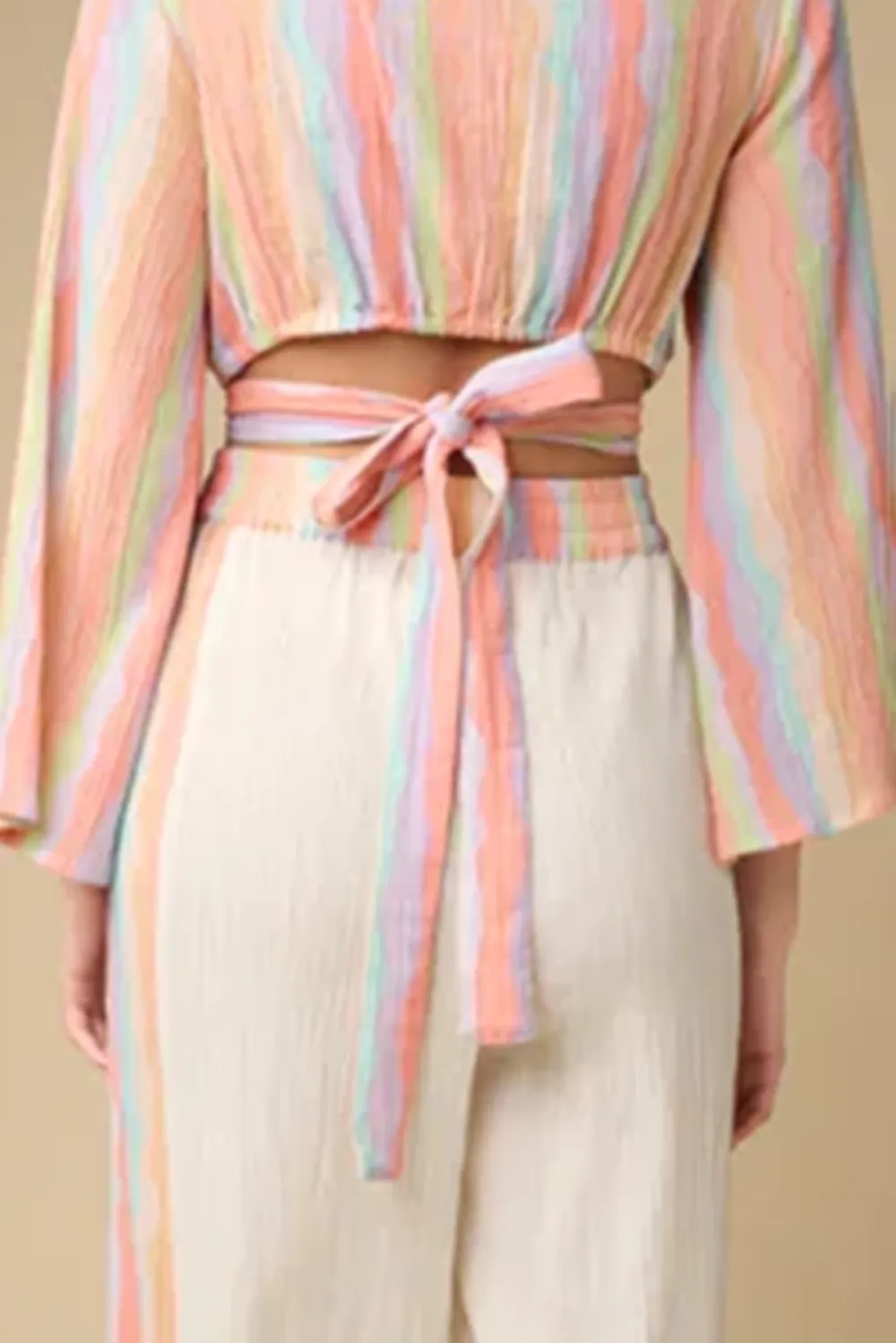 White And Pastel colored One Shoulder Crop Top And Maxi Skirt Set