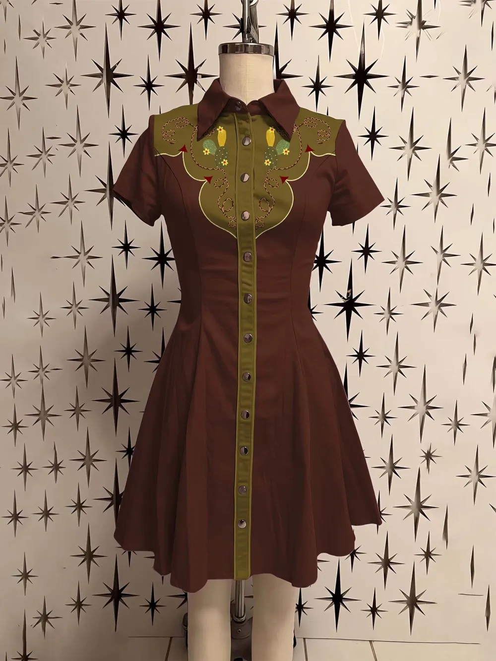 Vintage Western Cactus Printed Shirt Dress