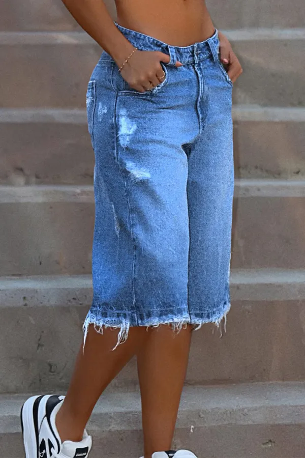 Wash Raw Hem Ripped Mid Waist Straight Leg Denim Bermuda Shorts