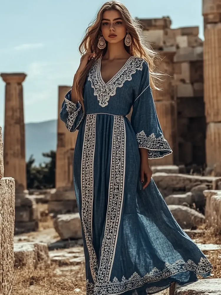 Vintage Greek-inspired V Neck Linen Blend Maxi Dress