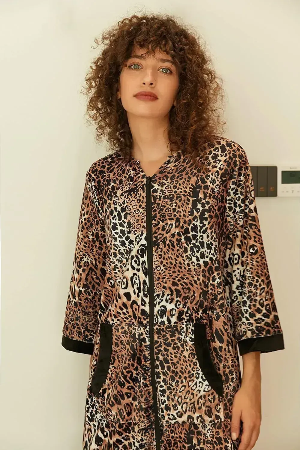 Women Zipper Robe 3/4 Sleeves Loungewear Dress Full Length Sleepwear Pockets Housecoat Nightgown Long Bathrobe