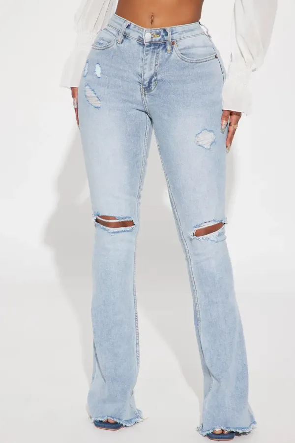 Really Rowdy Ripped Stretch Flare Jeans - Light Wash
