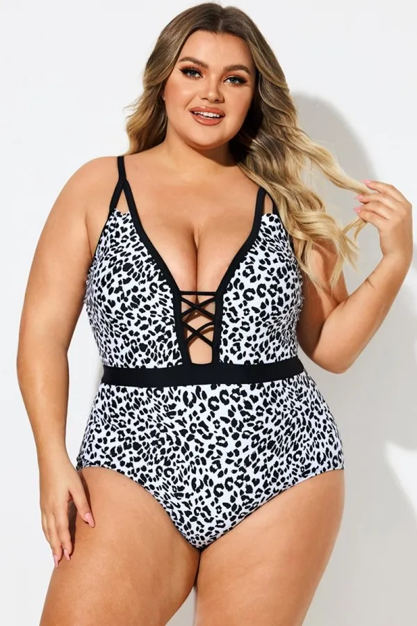 Leopard Print Deep V-Neck One Piece Swimsuit