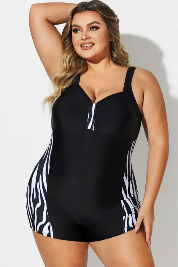 Black & White V-Neck Shorty Sports One Piece Swimsuit