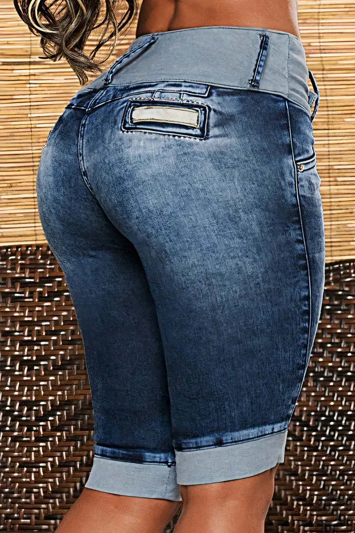 Two Tone Button Detail Ripped Roll Hem Mid Rise Denim Bermuda Shorts