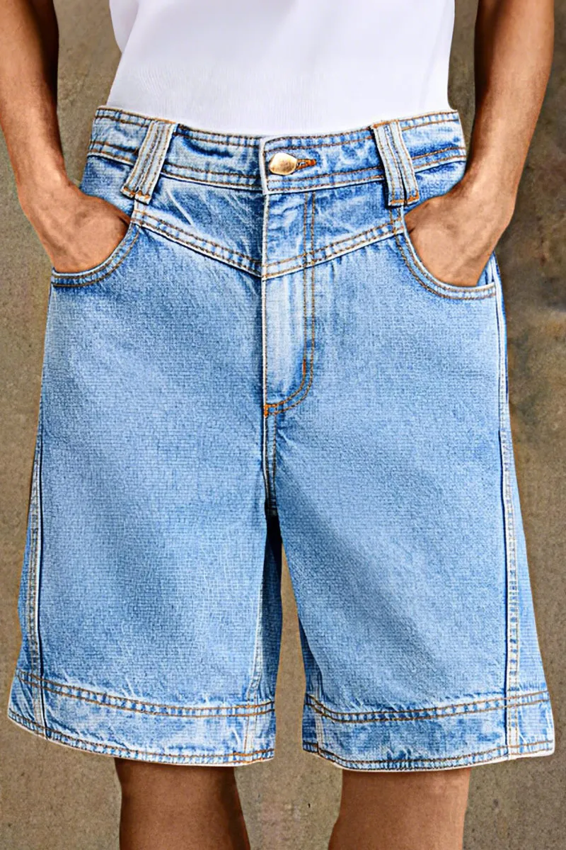 Seam High Rise Criss Cross Back Denim Bermuda Shorts