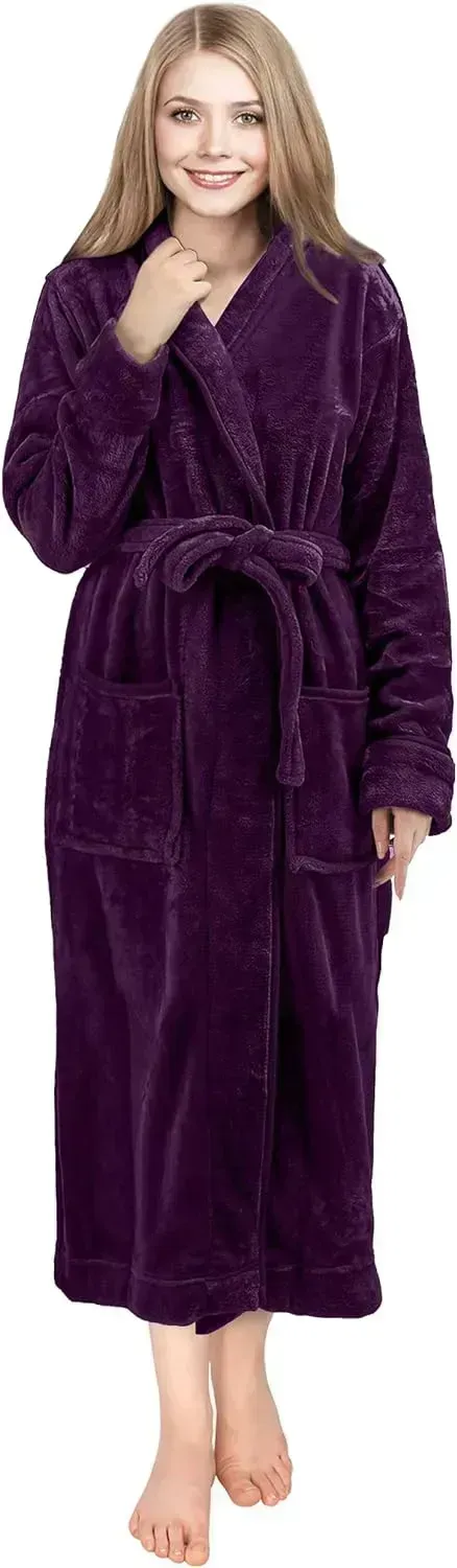 Women Fleece Shawl Collar Bathrobe - Plush Long Robe