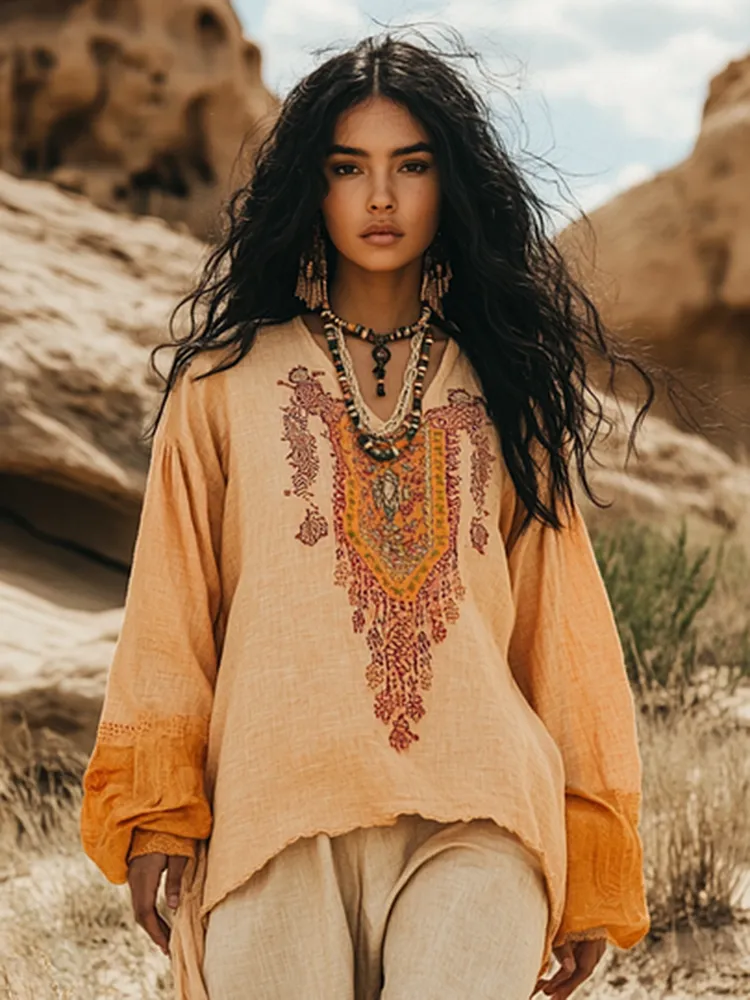 Vintage Ethnic Style Embroidered Linen V Neck Long Sleeve Shirt