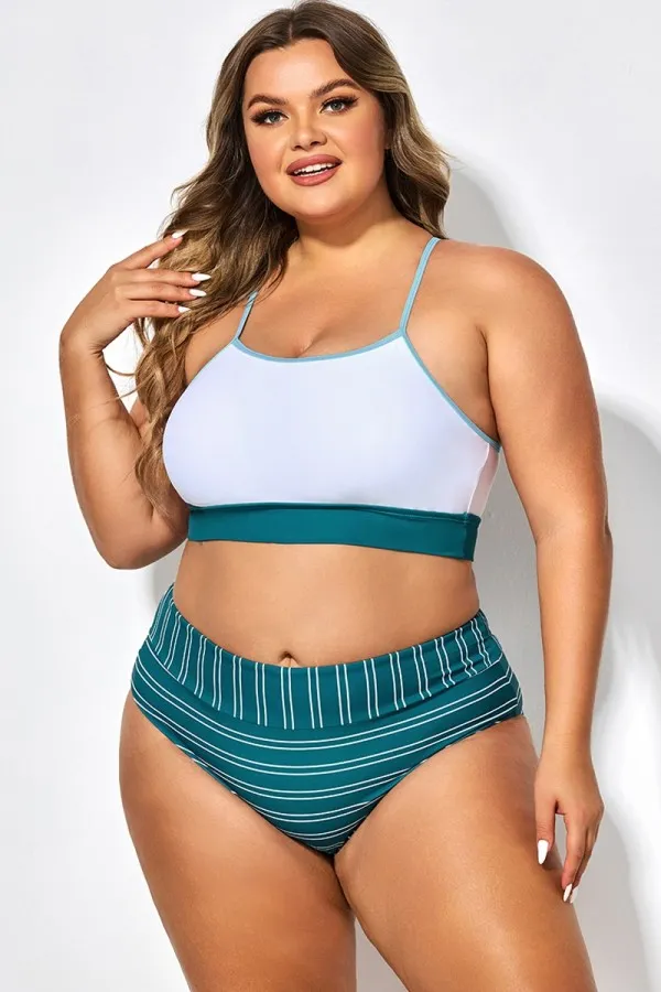 Teal Striped Women Bikini Top