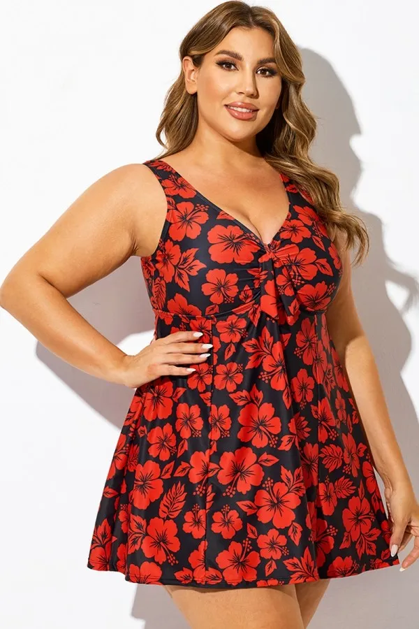 Red Floral Print Tie Front V-Neck Swimdress