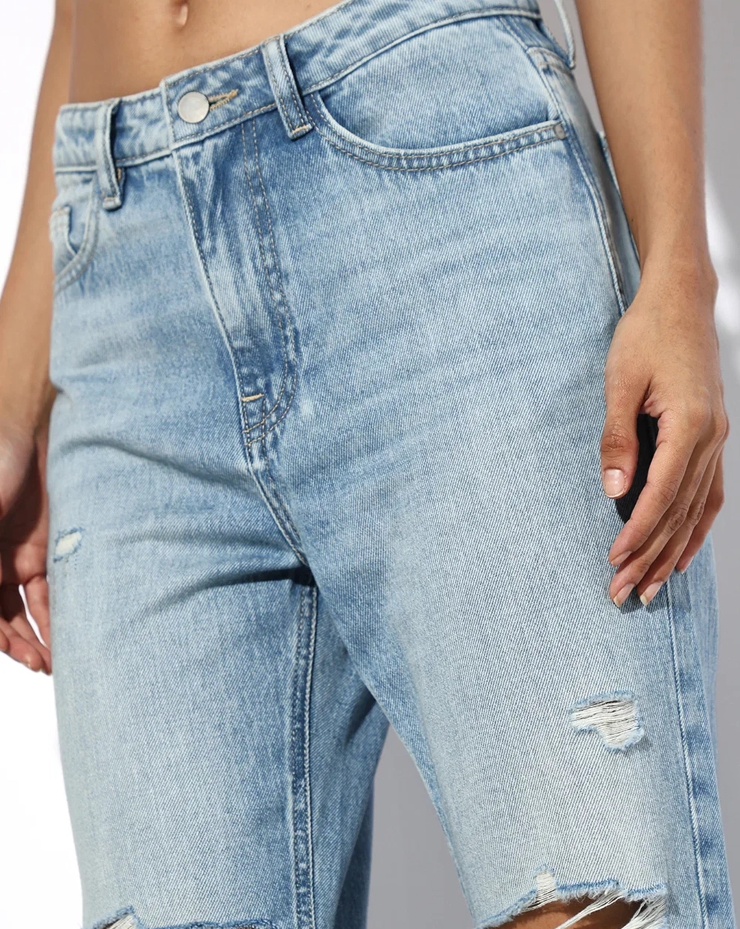 Light Blue Distressed Floral Print Jeans