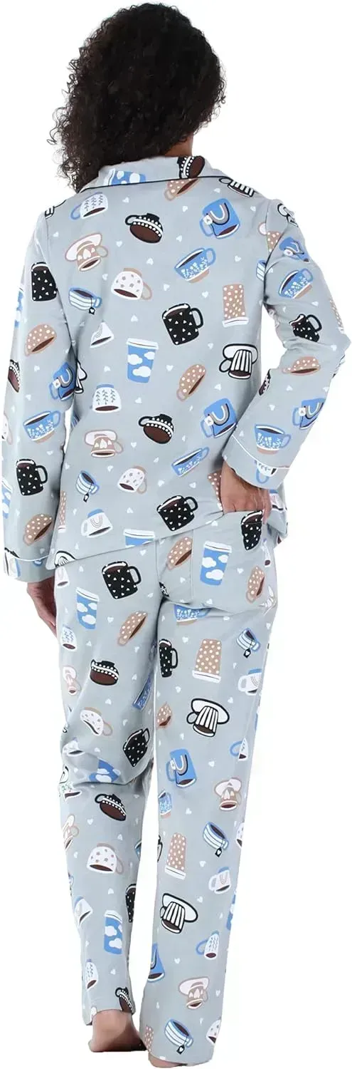 Women's Cotton Flannel Long Sleeve Button-Down Pajamas PJ Set