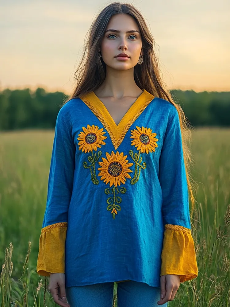 Ukraine Sunflower Embroidery Contrasting Colors Blend Linen V Neck Loose Blouse