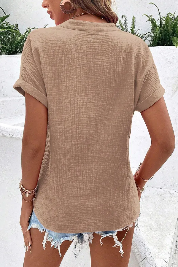 Solid Roll Sleeve Notched Neck Blouse