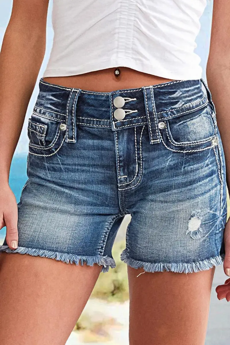 Ripped Raw Hem Rhinestone Detail Mid Waist Denim Shorts