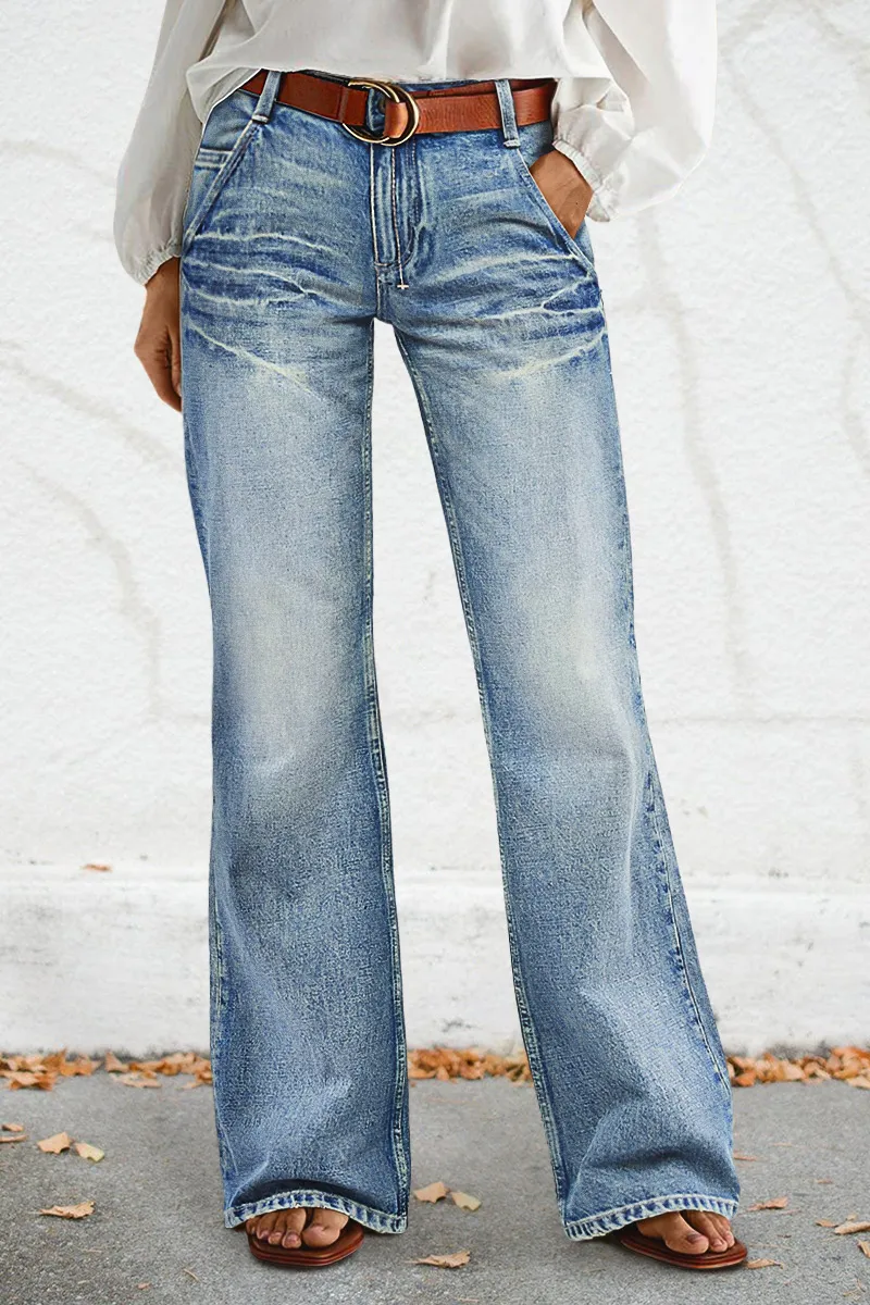 Wash Stretchy Mid Waist Straight Leg Jeans Without Belt