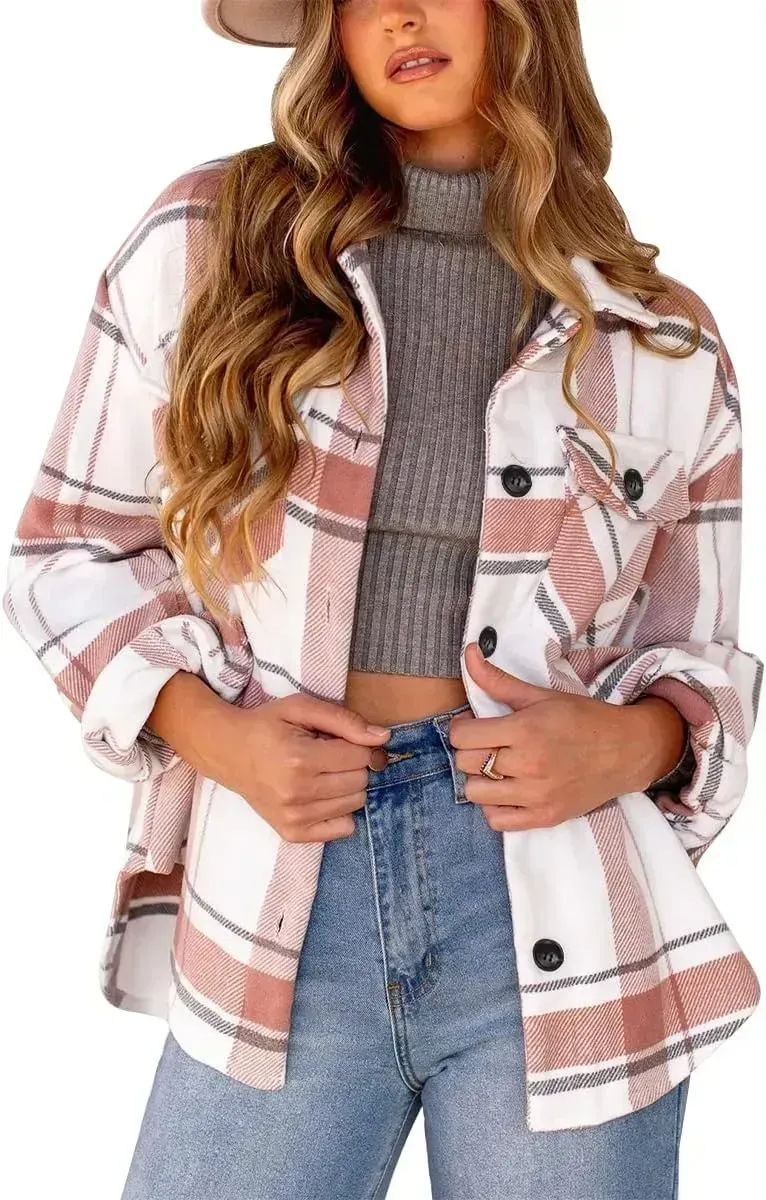 Womens Casual Plaid Shacket Button Down Long Sleeve Shirt