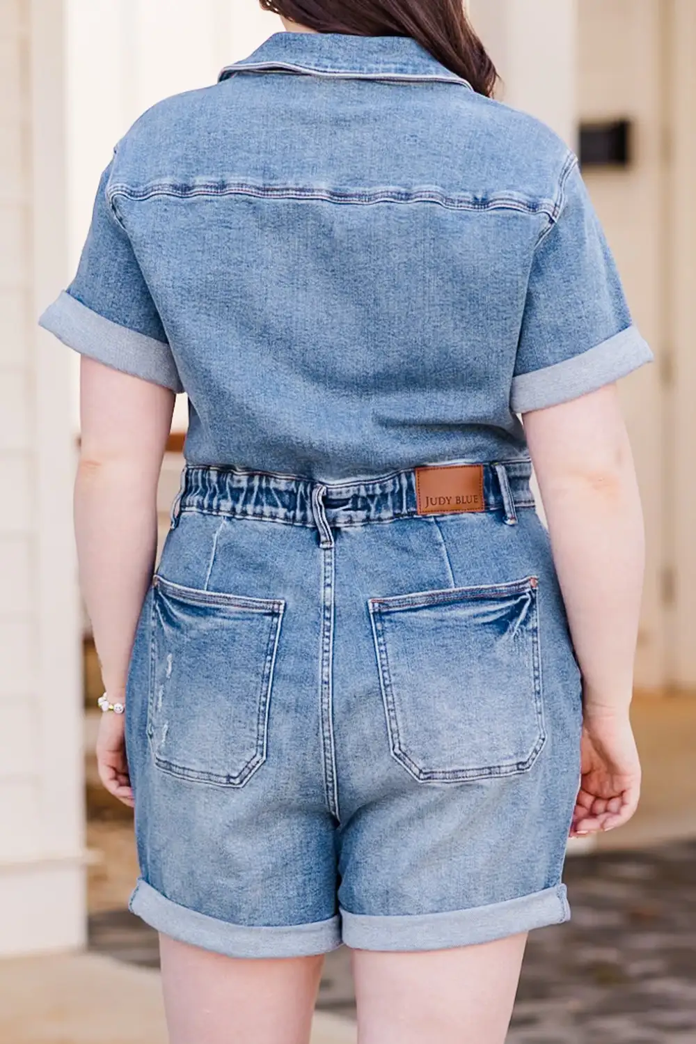 Judy Blue: Out And About Romper, Medium Wash