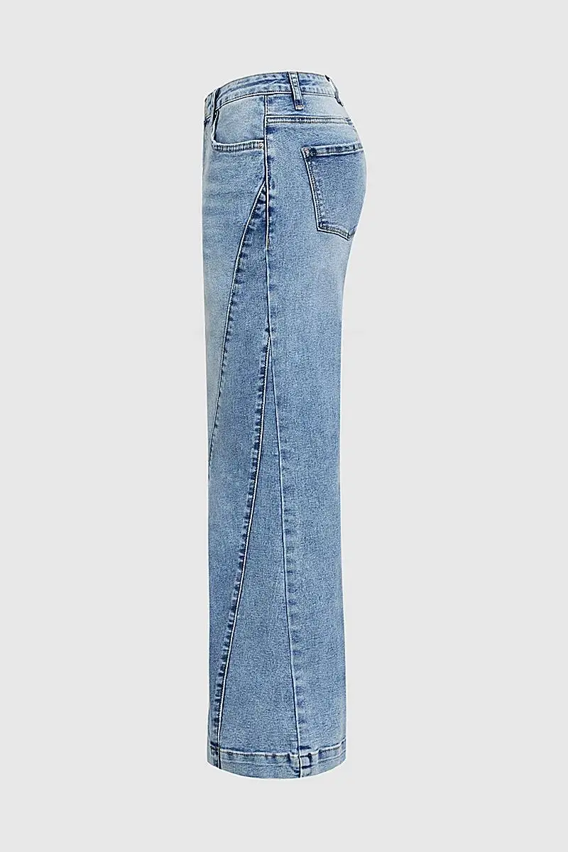 Wash Colorblock Seam Detail Mid Rise Wide Leg Jeans