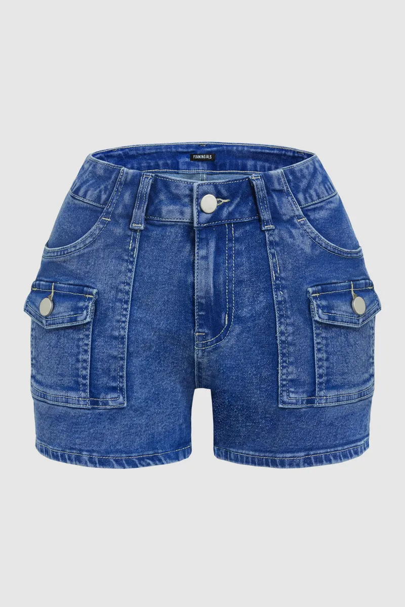 Wash Flap Pocket Front Mid Waist Denim Shorts
