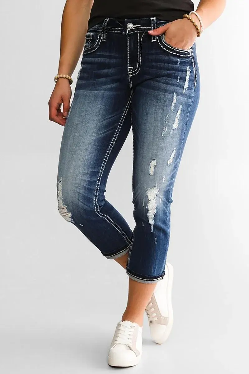 Ripped Washed Roll Hem Mid Waist Cropped Jeans