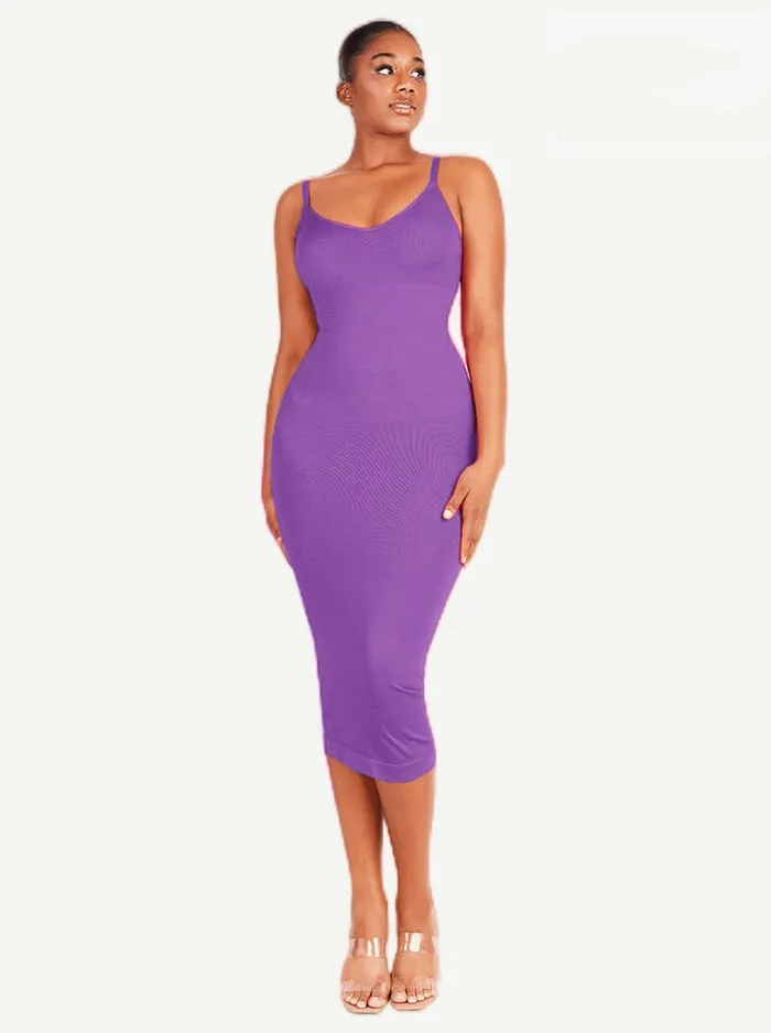 Seamless Spaghetti Strap V Neck Maxi Dress with Built-in Bodycon
