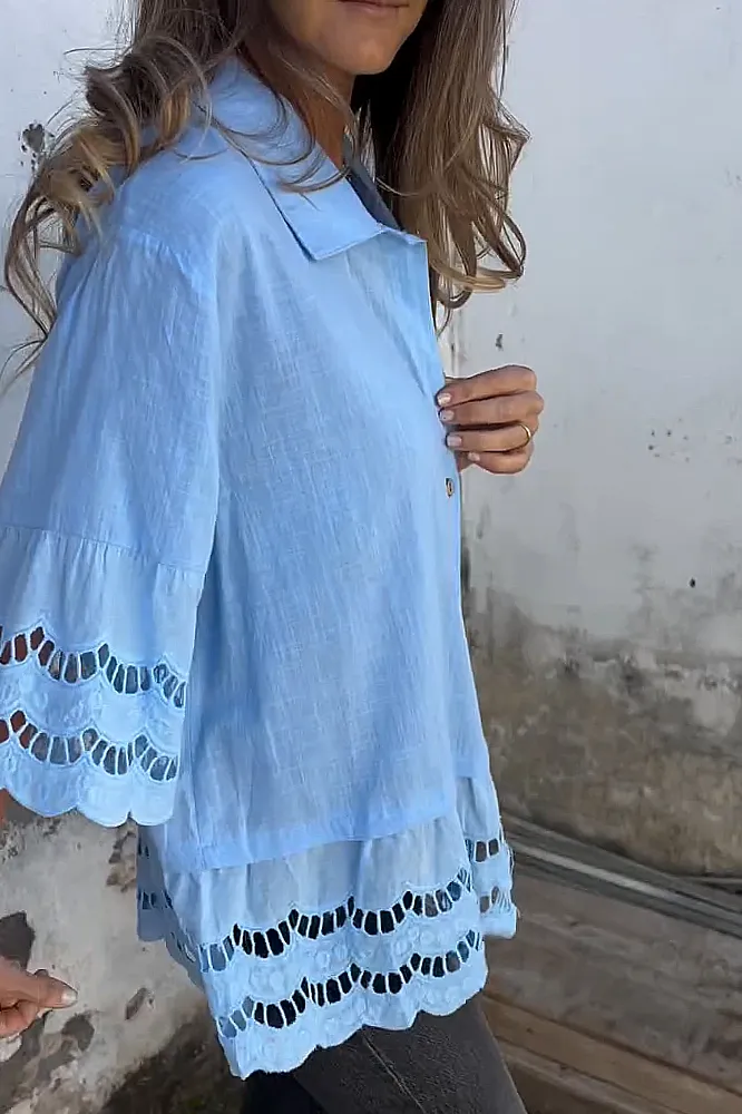 Women's solid color cotton and linen hollow out shirt