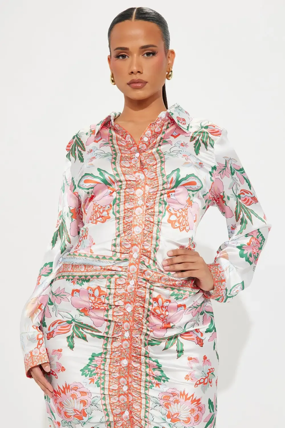 Becoming Richer Satin Shirt Dress - Brown Combo