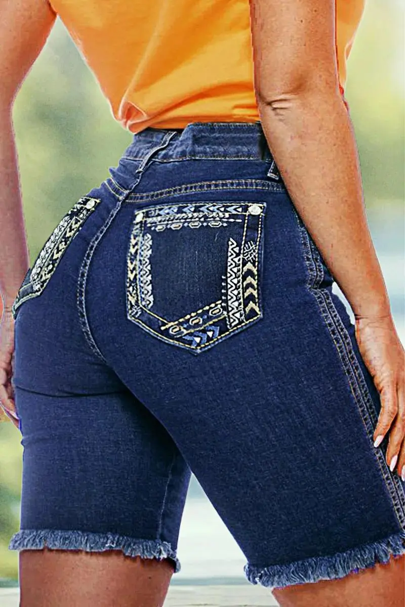 Raw Hem Embroidered Pocket High Waist Denim Mid Thigh Shorts